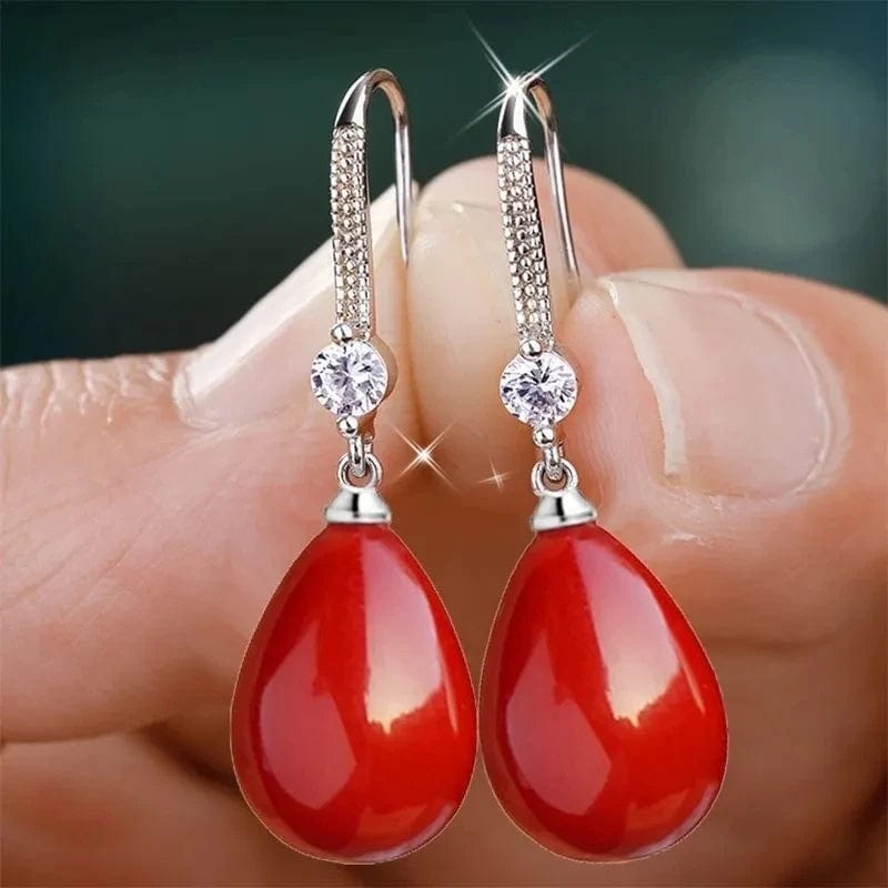 Women's Water Drop Imitation Pearl Earrings Red and White Round Oval Wedding