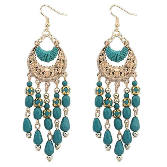 Boho Chic Turquoise Leaves Long Tassel Earrings