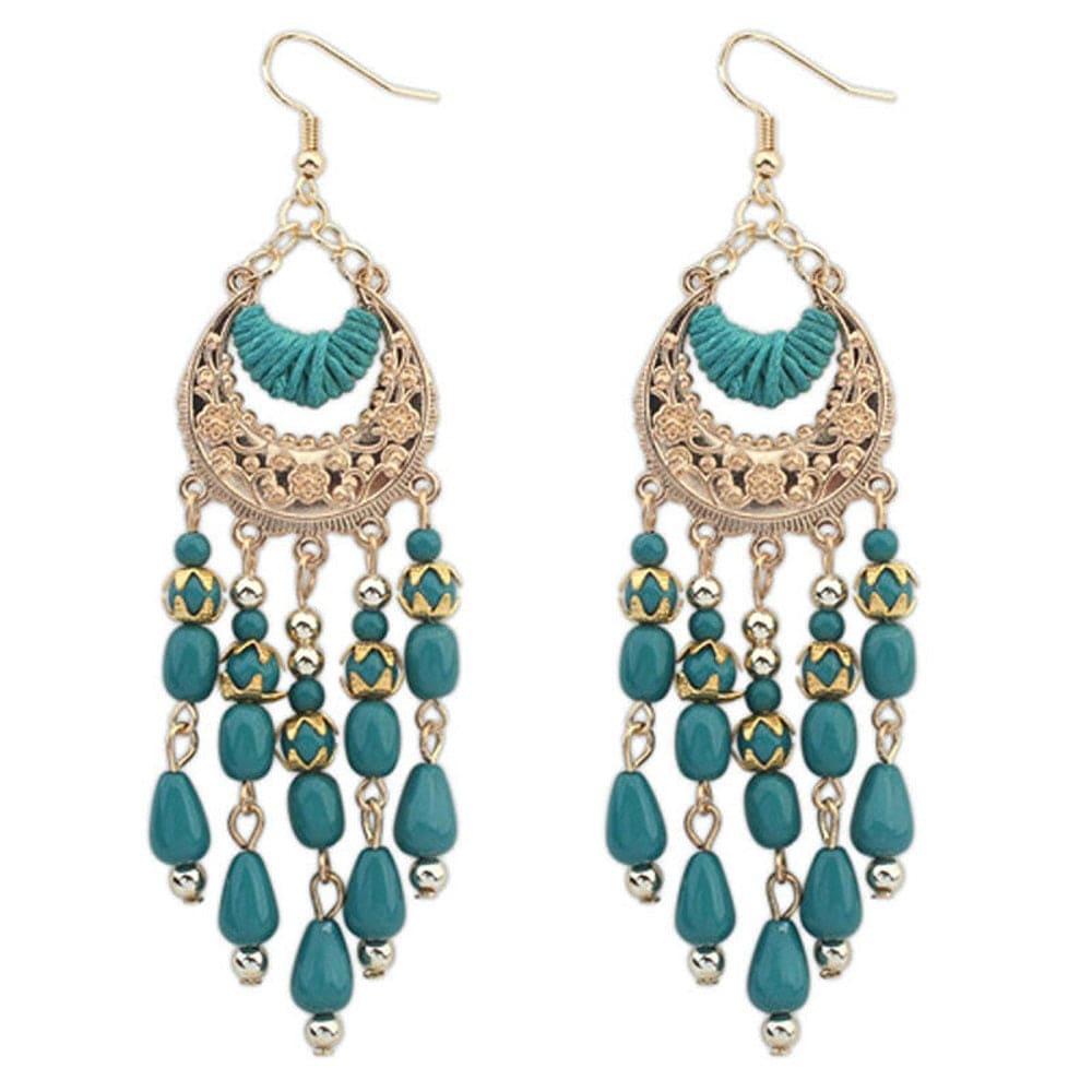Vintage Bohemian Long Tassel Drop Earrings Turquoise Leaves Antique Dangle Earrings